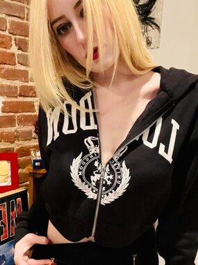 Black Graphic Zip-Up Hoodie Crop Top